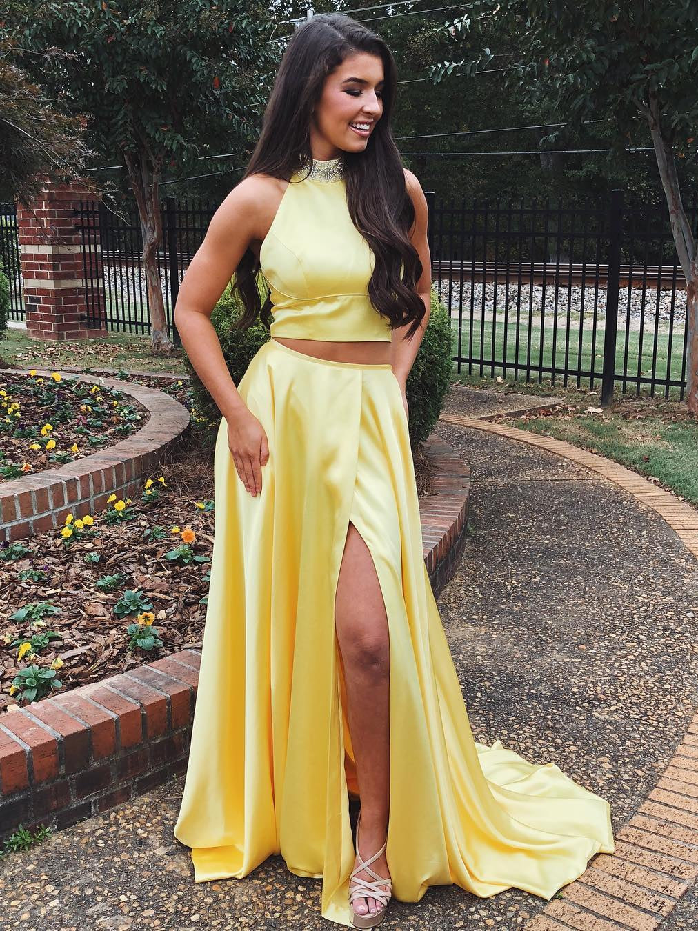 A Line High Neck Two Pieces Yellow Satin Long Prom Dresses with High  Yellow Formal Dresses, Evening Dresses