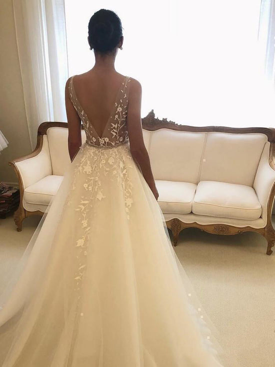 A Line Illusion Neck Lace Wedding Dress Rustic Bridal Dress 