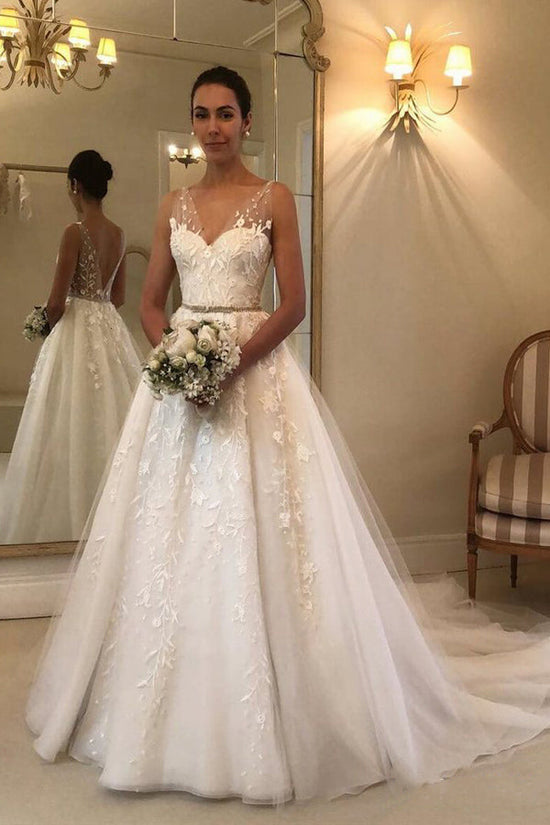 A Line Illusion Neck Lace Wedding Dress Rustic Bridal Dress 