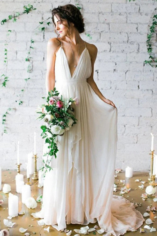 A Line Ivory Chiffon Straps Beach Wedding Dress