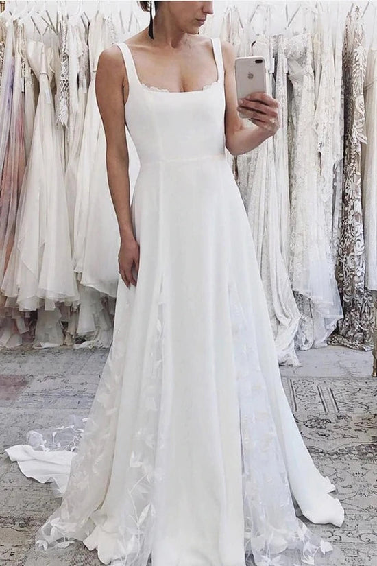 A Line Ivory Satin Wedding Dress With Appliques