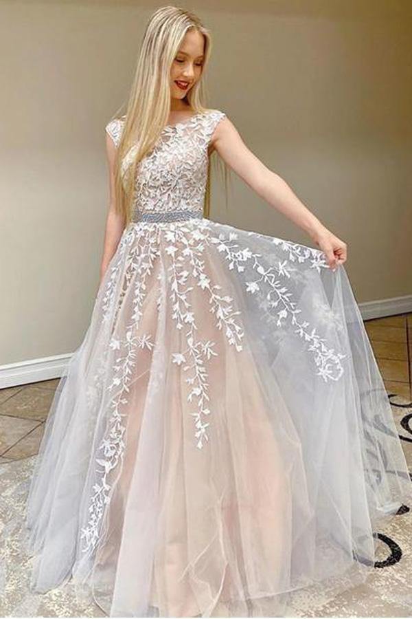A Line Lace Appliqued Tulle Prom Dress With Beading Belt