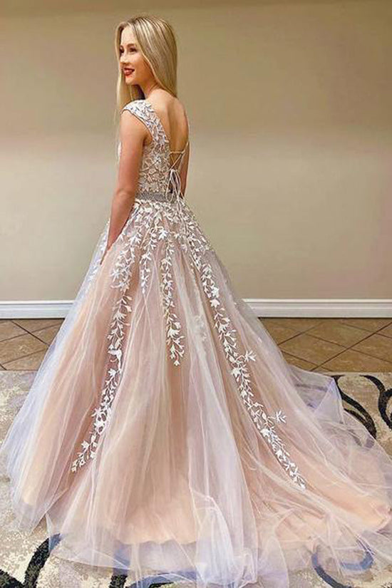 A Line Lace Appliqued Tulle Prom Dress With Beading Belt