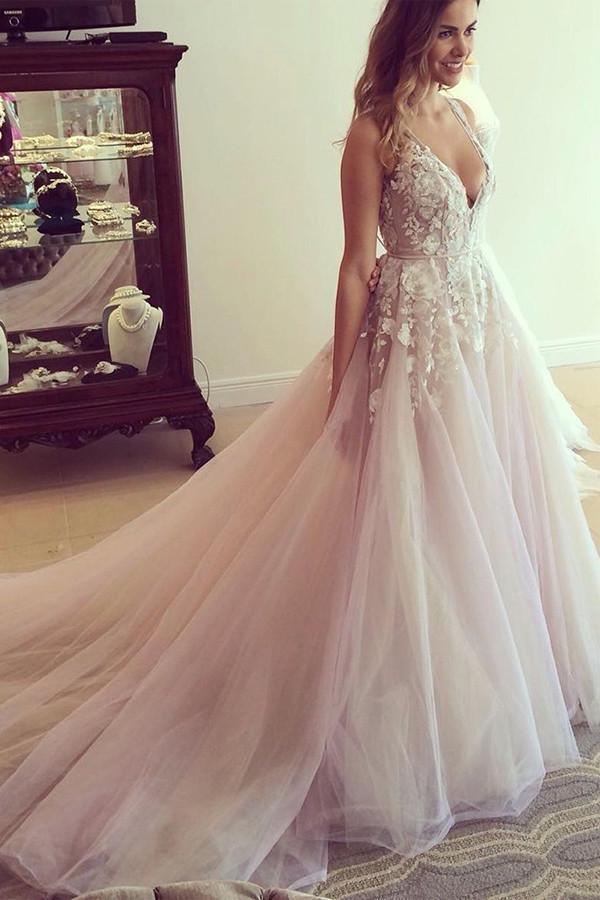 A Line Lilac Tulle Wedding Dress With Appliques