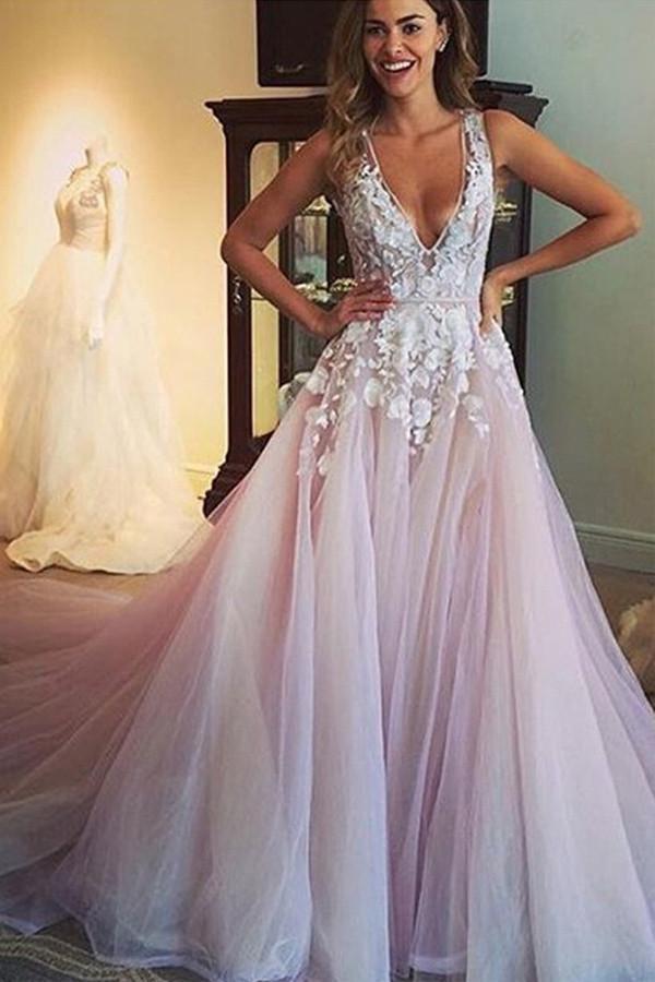 A Line Lilac Tulle Wedding Dress With Appliques