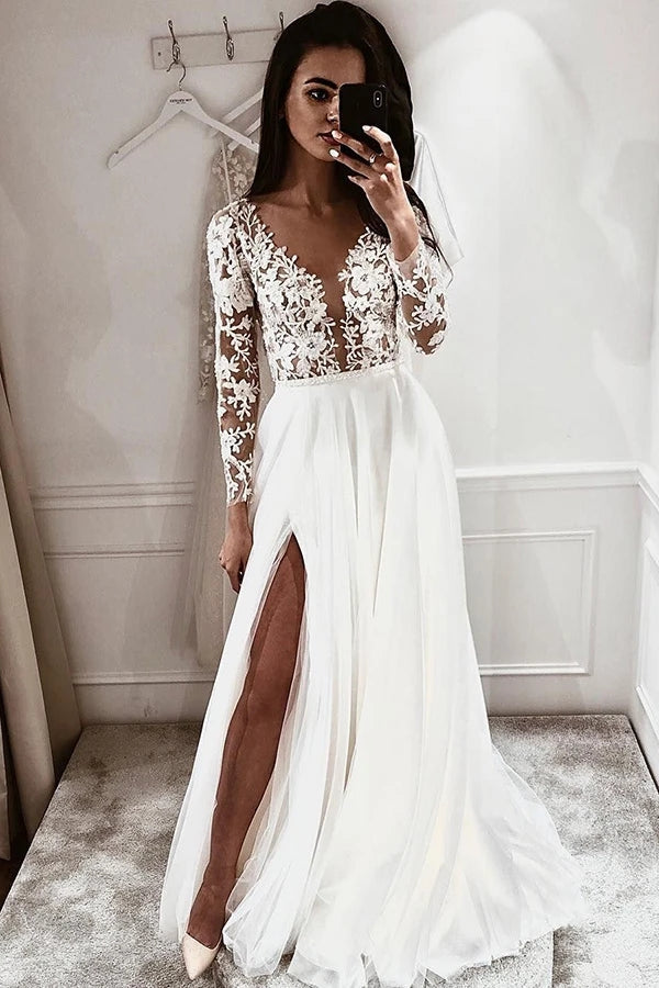 A Line Long Lace Sleeve Side Split Wedding Dress