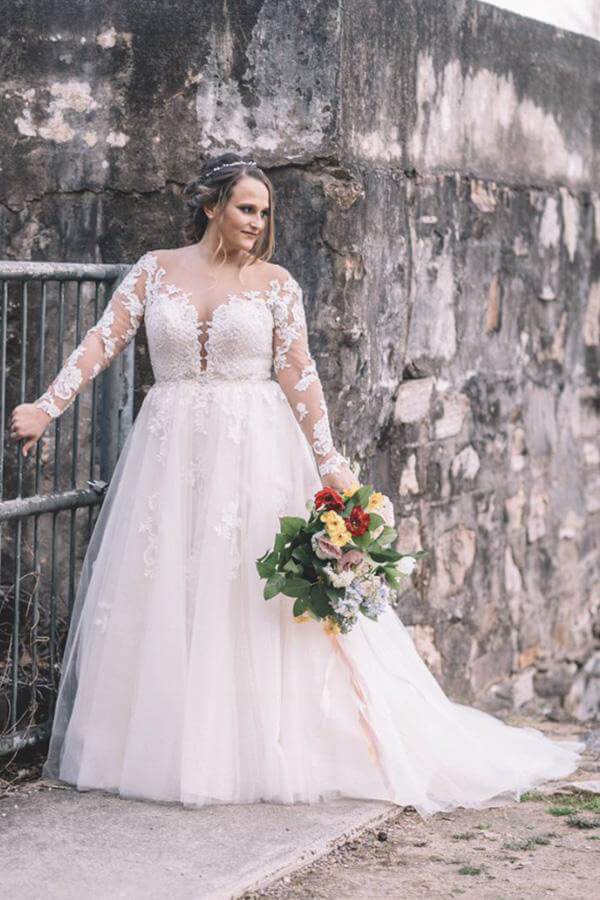 A Line Long Sleeve Ivory Wedding Dress Lace Bridal Gown