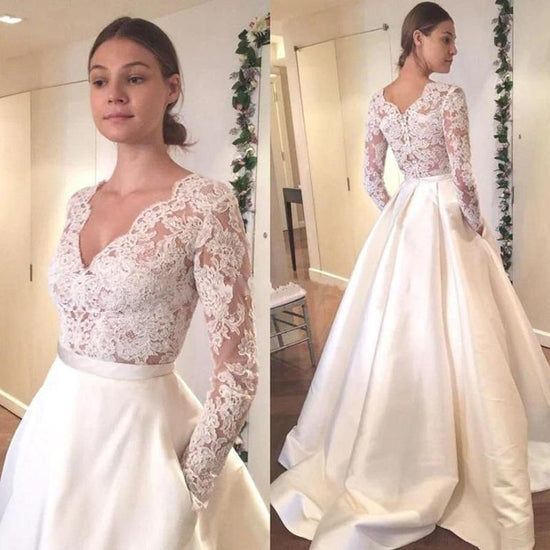 Elegant Long Sleeve satin Wedding Dress Lace Top Wedding Dress