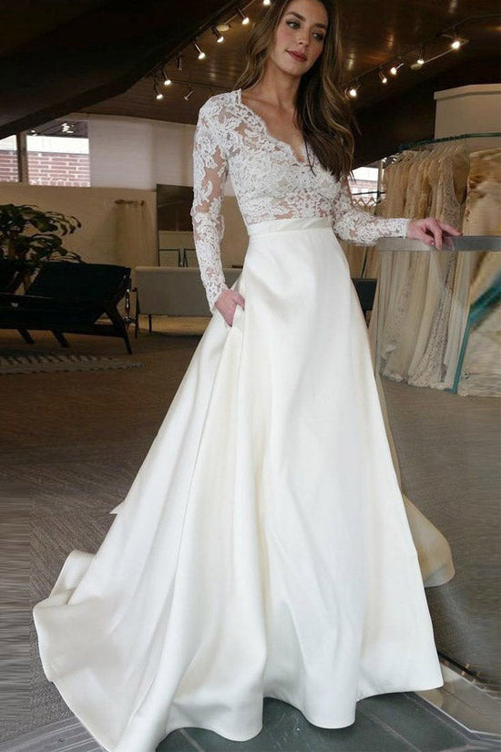 A-line Long Sleeve Lace Top Ivory satin Wedding Dresses