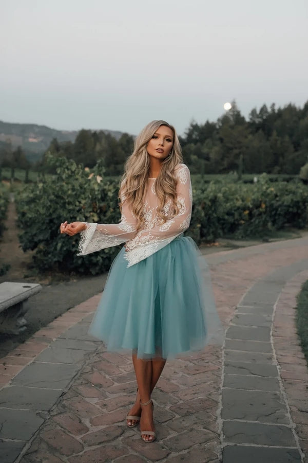 A-line Long Sleeve Lace Tulle Homecoming Dresses Short Prom Dresses