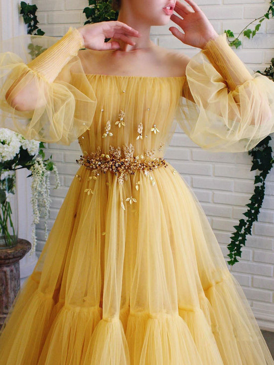 Load image into Gallery viewer, A-line Long Sleeve Tulle Illusion Neckline Prom Dresses With Beading
