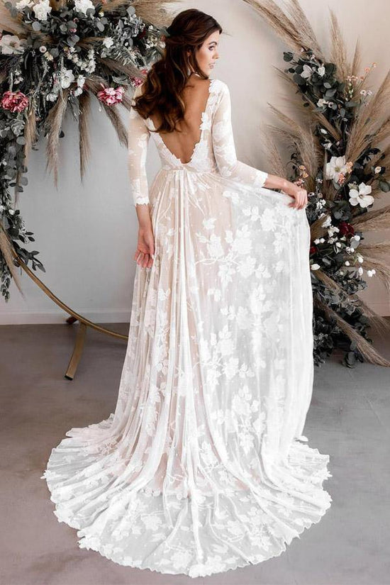 A Line Long Sleeve Wedding Dress V Back Rustic Bridal Gown