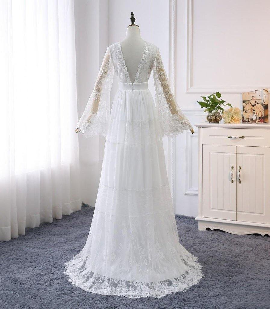A line Long Sleeve White Lace Wedding Dress Rustic Bridal Gown