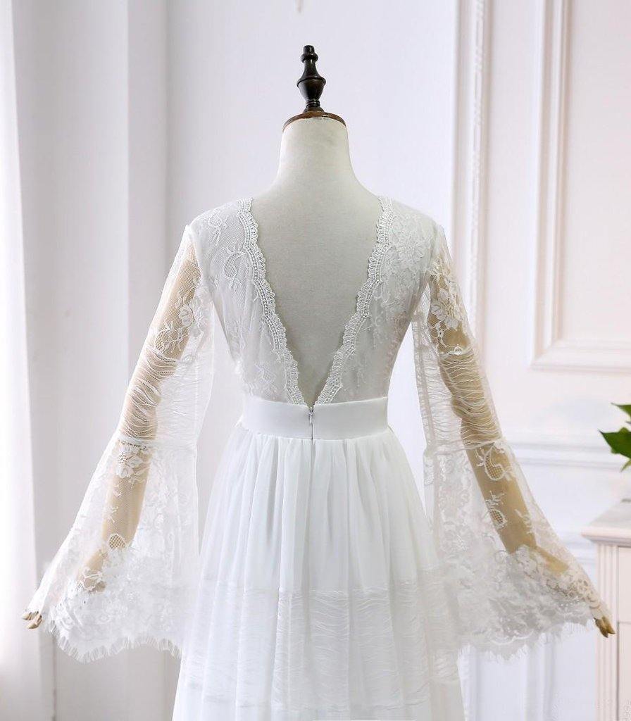 A line Long Sleeve White Lace Wedding Dress Rustic Bridal Gown