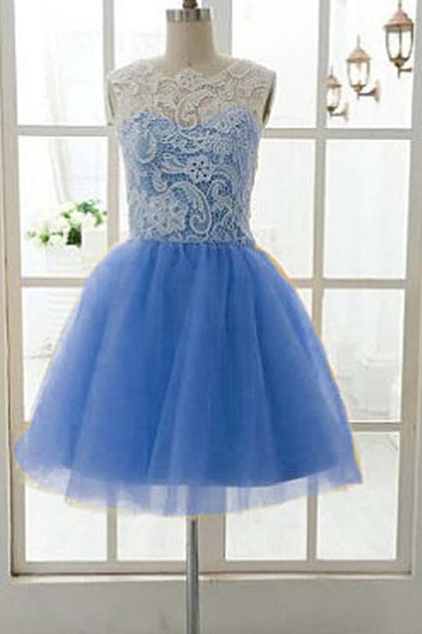 A-line Mint Green Tulle Lace Short Homecoming Dress Round Neck Party Dress