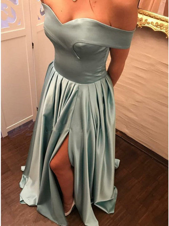 A Line Off Shoulder Satin Turquoise Long Prom Dresses with Slit, Turquoise Formal Dresses, Evening Dresses