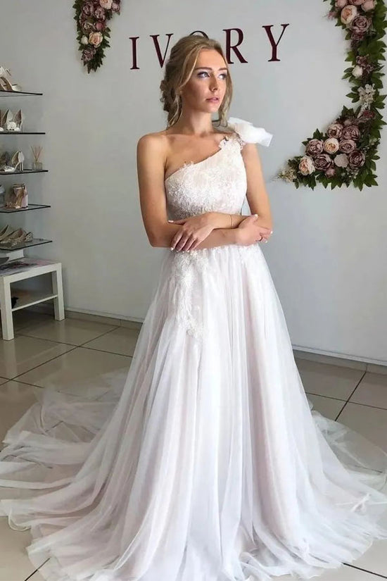A Line One Shoulder Long Wedding Dress With Lace WW261