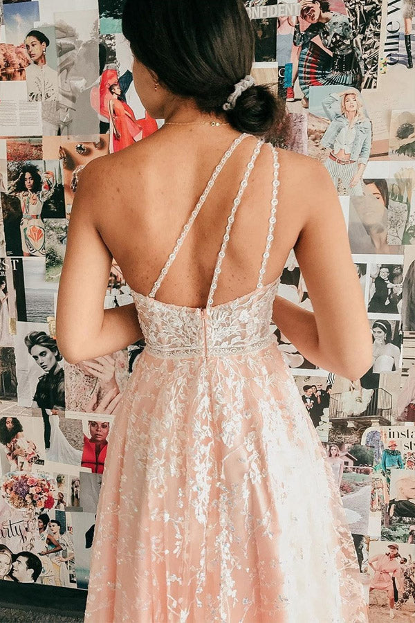 A Line One shoulder Pink Long Prom Dress