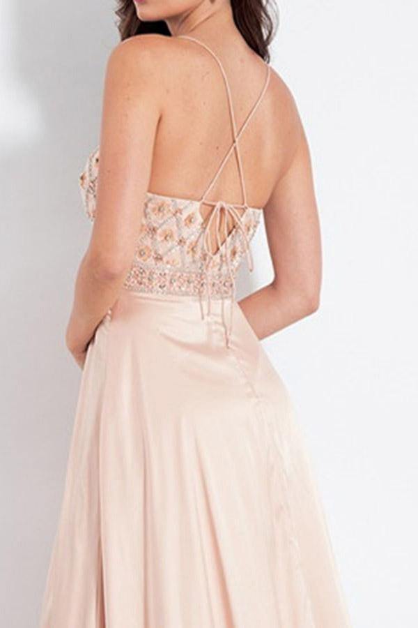 A Line Pink Elastic Satin Split Prom Dress With Beading