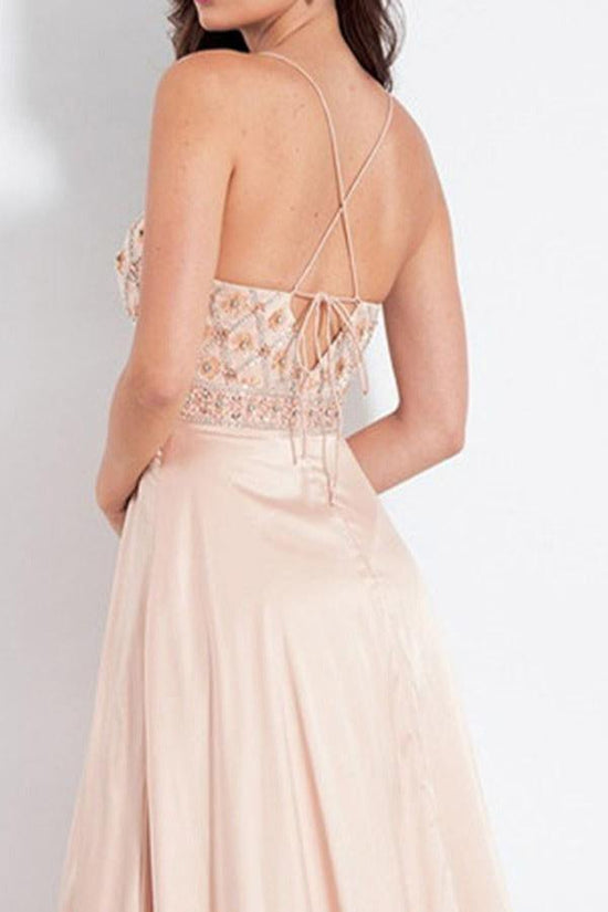 A Line Pink Elastic Satin Split Prom Dress With Beading