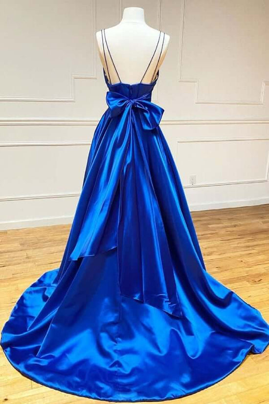 A Line Royal Blue Satin Spaghetti Straps Prom Dress With Bowknot