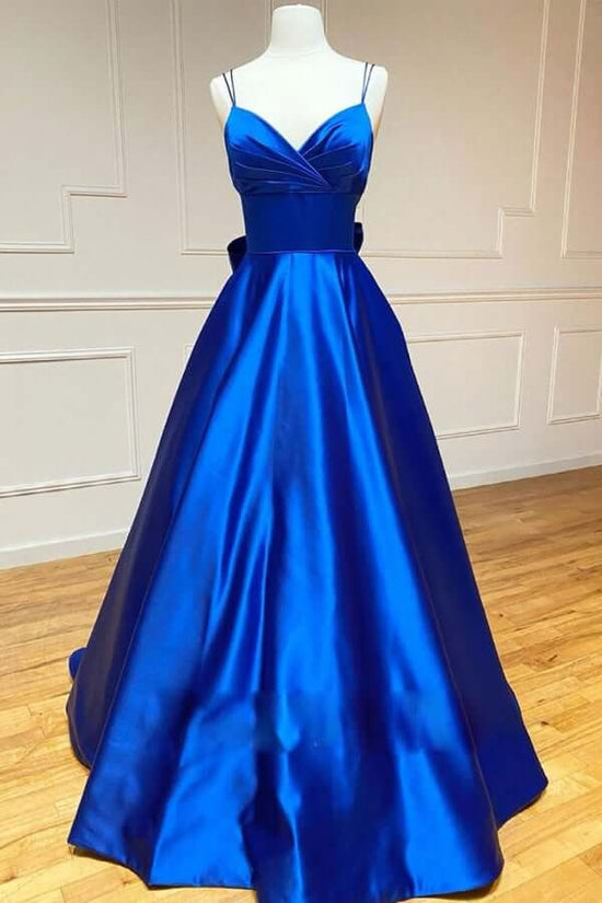 A Line Royal Blue Satin Spaghetti Straps Prom Dress With Bowknot