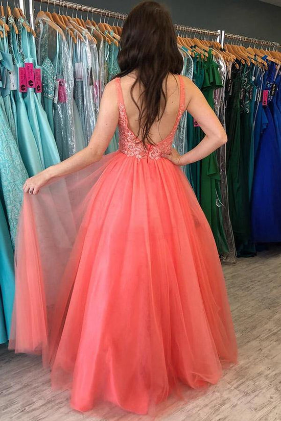 A line Rustic Watermelon Tulle Prom Dress With Lace