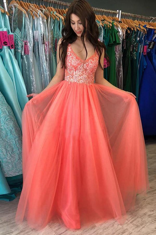 A line Rustic Watermelon Tulle Prom Dress With Lace