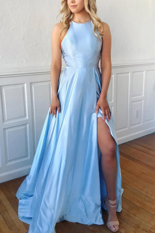 A Line Sky Blue Satin Long Prom Dress Formal Dress