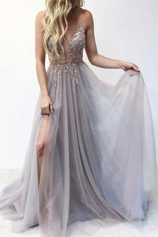 A-line Spaghetti Straps Beaded Prom Dresses With Slit