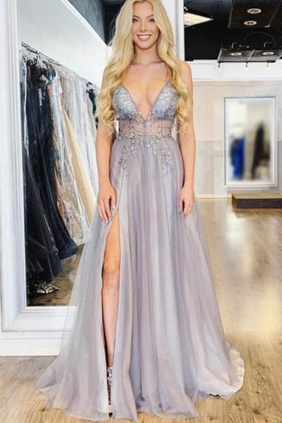 A-line Spaghetti Straps Beaded Prom Dresses With Slit