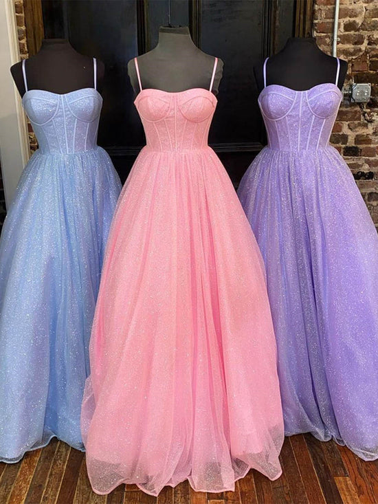 A Line tti Straps Blue/Pink/Lilac Tulle Long Prom Dresses, Shiny Blue/Pink/Lilac Formal Evening Dresses 