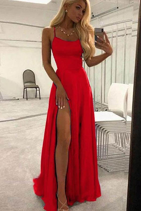A Line Spaghetti Straps Long Prom Dress with Thigh Slit