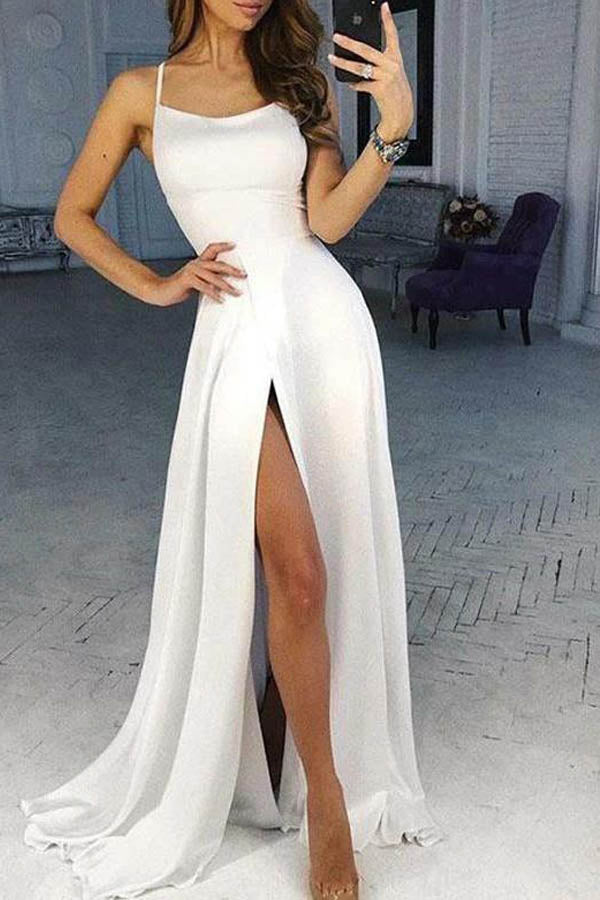A Line Spaghetti Straps Long Prom Dress with Thigh Slit