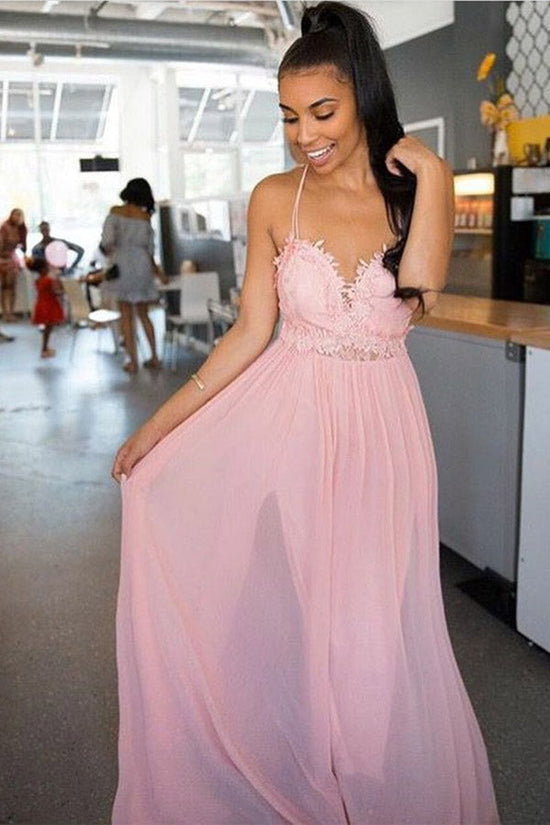 A Line Spaghetti Straps Pink Chiffon Long Prom Dresses