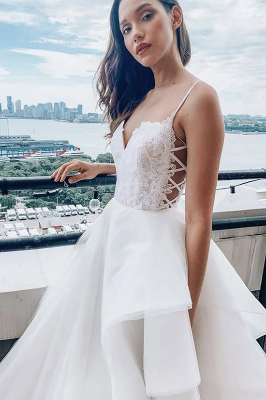 A Line Spaghetti Straps Prom Dress White Lace Wedding Dress