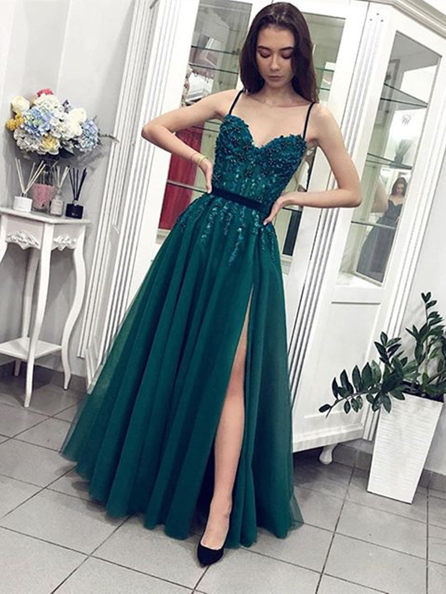 Load image into Gallery viewer, A Line tti Straps Sweetheart Neck Beaded Green Long Prom Dresses with Slit, Green Formal Dresses, Evening Dresses
