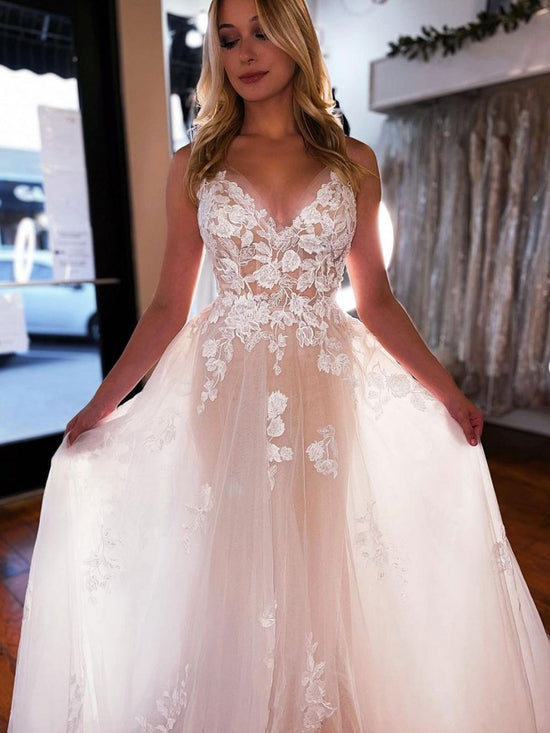 A Line Spaghetti Straps Tulle Wedding Dress Backless Bridal Gown 