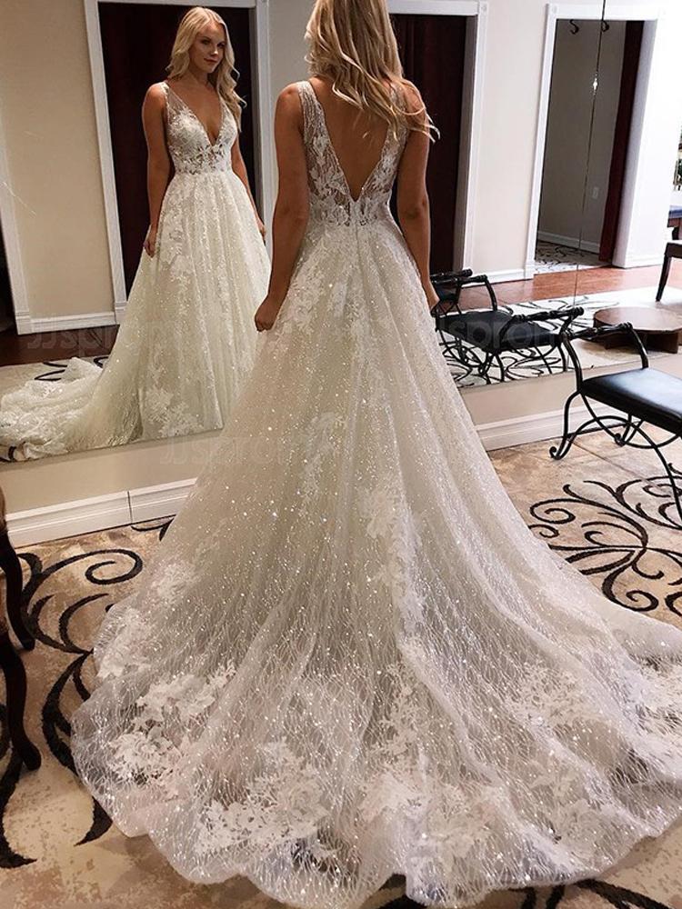 A Line Sparkly Lace  V-neck Wedding Dress with Appliques