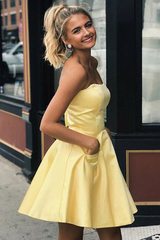 A Line Strapless Yellow Satin Homecoming Dress