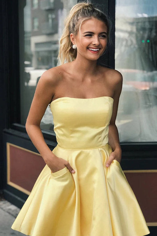 A Line Strapless Yellow Satin Homecoming Dress