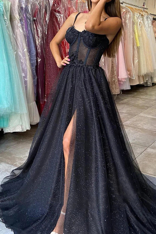 A-line Sweetheart Black Tulle Long Prom Dress With Slit