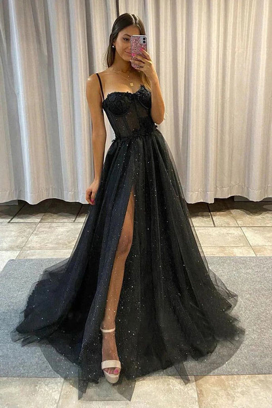A-line Sweetheart Black Tulle Long Prom Dress With Slit
