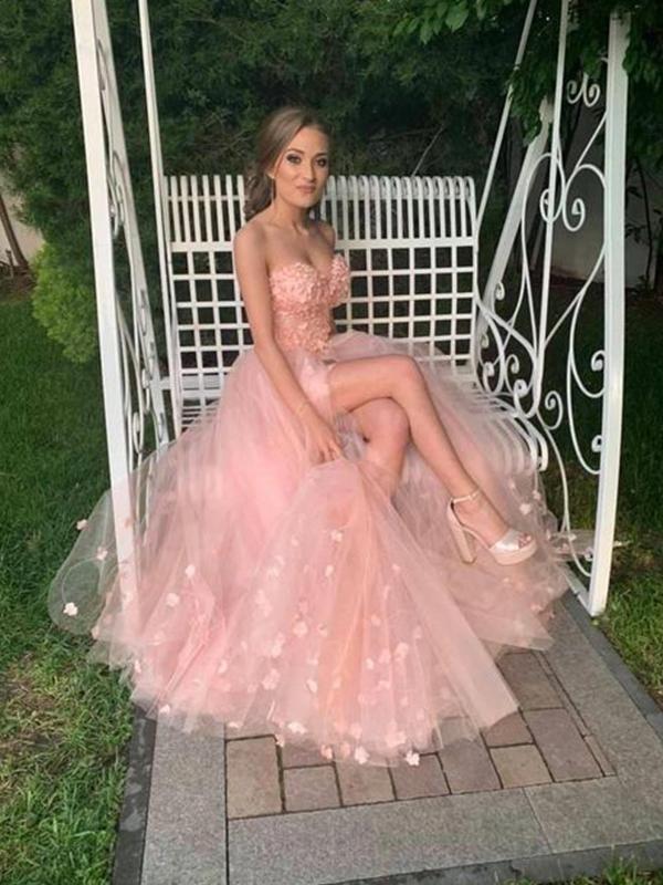 A Line Sweetheart Pink Tulle Prom Dress Floral Evening Dress