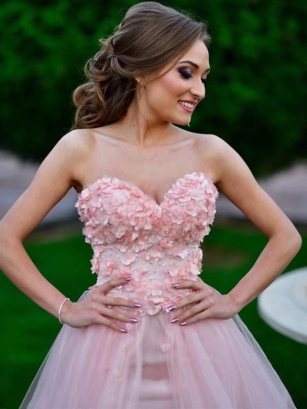 A Line Sweetheart Pink Tulle Prom Dress Floral Evening Dress