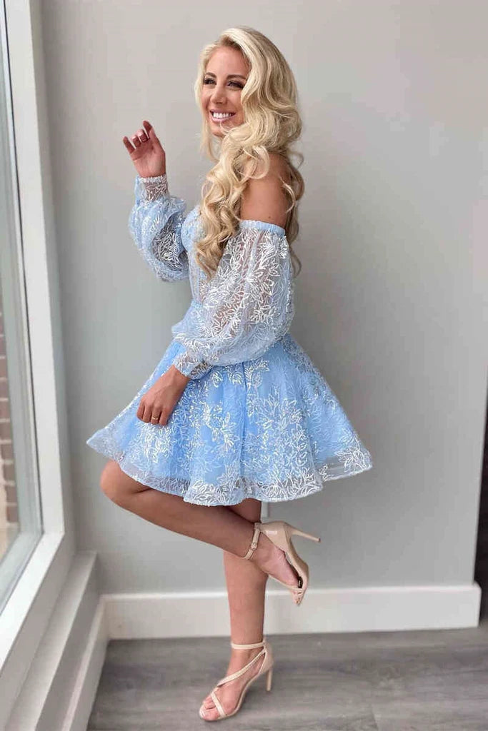 A-Line Sweetheart Sky Blue Short Homecoming Dress With Detachable Sleeve WD254