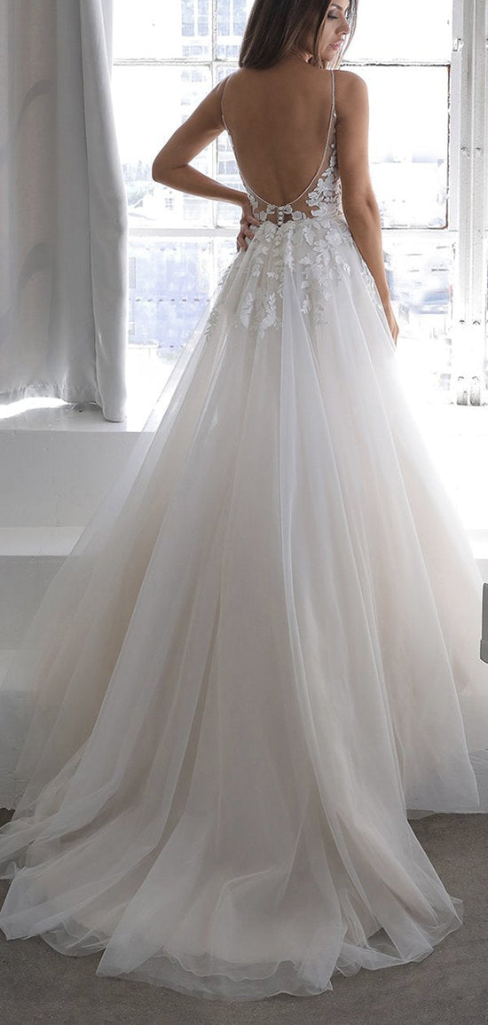 A Line Tulle Backless Lace Appliques Wedding Dress