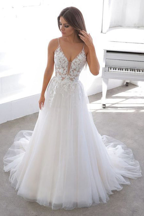 A Line Tulle Backless Lace Appliques Wedding Dress
