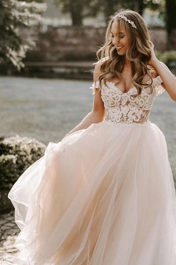 A Line Tulle Wedding Dress With Lace Top