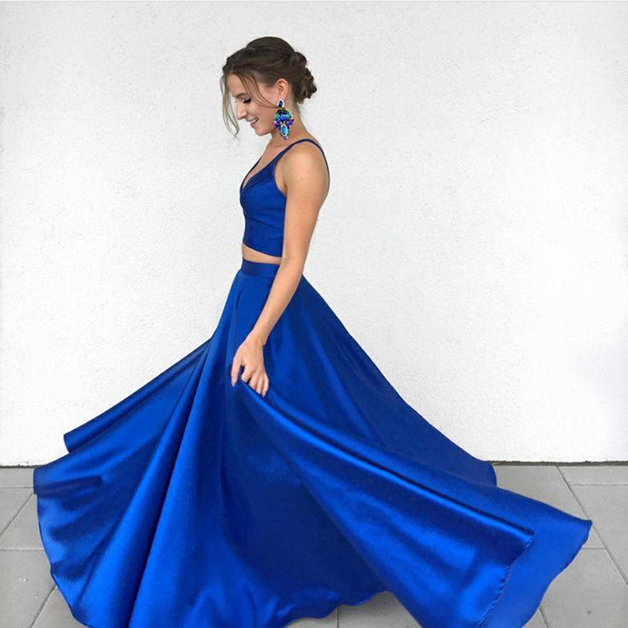 Load image into Gallery viewer, A Line Two Pieces Royal Blue Long Prom Dresses, Royal Blue Two Pieces Formal Dresses, Two Pieces Royal Blue Graduation Dresses
